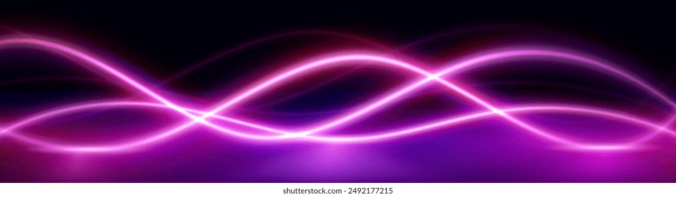 Pink neon light wave line abstract background. Dynamic curve swirl flow for music rhythm bg. 3d futuristic horizontal pulse vortex. Audio voice wavy pattern with laser elements creative design