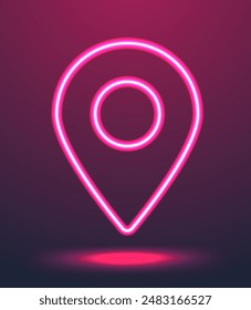 Pink neon location marker icon. Line glowing map pin symbol