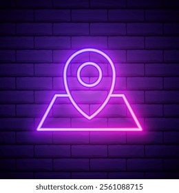 Pink neon location marker icon. Line glowing map pin symbol.