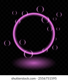 Pink neon magic ring effect. Glowing circular frame vibrant neon light, floating translucent orbs, soap bubbles, wallpaper, futuristic, tech-inspired, or decorative designs.