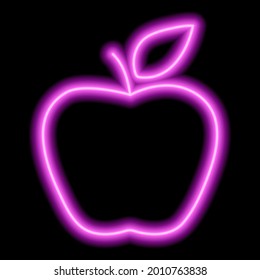 Pink neon outline of an apple with a leaf on a black background. Vector icon illustration