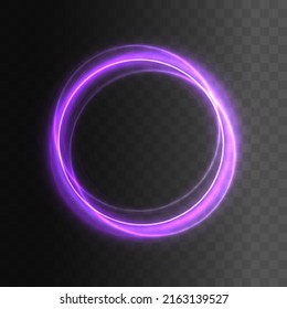 Pink neon ovals or circles for swirl shiny rings light effect. Glow luminous glitter shimmer trail. Curve light effect of purple line. Blurred spiral ring. Bokeh effect. Vector illustration. 