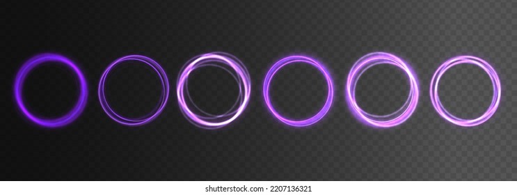 Pink neon ovals or circles for swirl shiny rings light effect. Glow luminous glitter shimmer violet trail. Curve light effect of purple line. Blurred spiral ring. Bokeh effect. Vector illustration. 