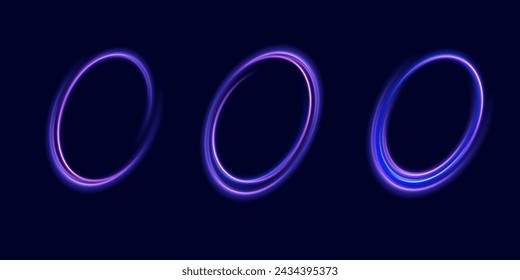 Pink neon ovals or circles for swirl shiny rings light effect. Glow luminous glitter shimmer trail. Curve light effect of purple line. Blurred spiral ring. Bokeh effect. Vector illustration.