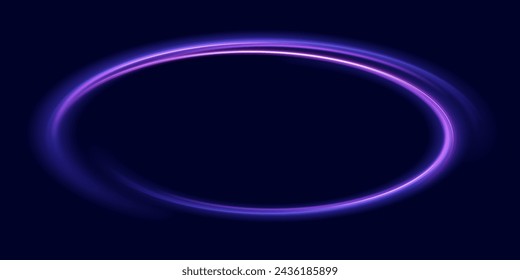 Pink neon ovals or circles for swirl shiny rings light effect. Glow luminous glitter shimmer trail. Curve light effect of purple line. Blurred spiral ring. Bokeh effect. Vector illustration.