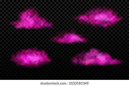 Nuvens realistas de néon rosa. Fumaça brilhando na escuridão com efeito transparente. Névoa de cor rosa, conjunto de elementos de design de céu mágico.