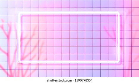 Pink neon rectangle frame on white tiles wall. Bright background with naked trees shadow overlay. Banner vector design.