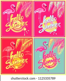 Pink, neon red and mint color background variation with hello summer hand drawing lettering, yellow abstract sun, palm leaves and pink flamingo. Art deco style design for summery party poster and t sh