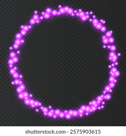 Pink neon round frame. Christmas lights effects isolated on black transparent background. Shining   circle with magic glitter sparkles. Vector design element.