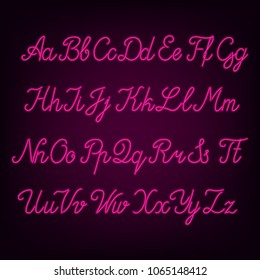 Pink Neon Script Alphabet Font. Neon Color Uppercase And Lowercase Letters. Stock Vector Typography.