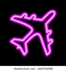 Pink neon sign of airplane on black background. Vector illustration