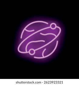 Pink neon sign icon of a planet with satellites orbiting around it, glowing brightly on a dark background