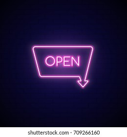 Pink neon sign Open. Neon signboard on dark background. Vector Illustration.