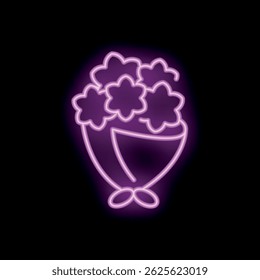 Pink neon sign representing a bouquet of flowers, glowing in the dark on a black background