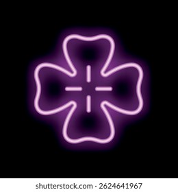 Pink neon sign showing a four leaf clover on a black background, a symbol of luck