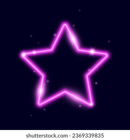 Pink neon star frame with sparks. Glowing electric lights form. Illuminated shining design element for banner, poster, cover. Bright lamp flare with sparkles. Vector illustration
