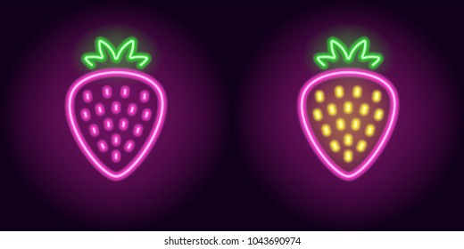 Fresa rosada de neón con sépalos. Dibujo vectorial de fresa rosa neón consistente en contornos, con contraluz en el fondo oscuro