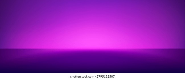 Pink neon studio background. Spotlight over horizon. Dark purple room with lights, abstract gradient stage