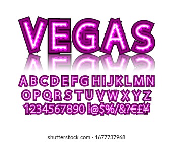 Pink neon tube alphabet font. Type letters and numbers on a dark background. Vector typeface for labels, titles, posters etc.