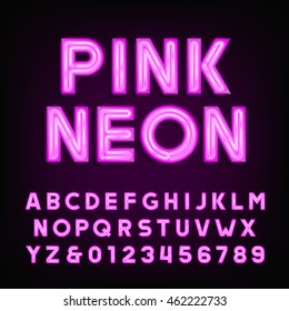 Pink neon tube alphabet font. Type letters and numbers on a dark background. Vector typeface for labels, titles, posters etc.