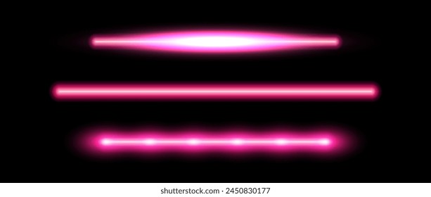 Pink neon tube lamp set. Glowing led light line beam collection. Bright luminous fluorescent bar stick lines. Shining cold color strip element pack to divide, separate, decorate. Vector illustration