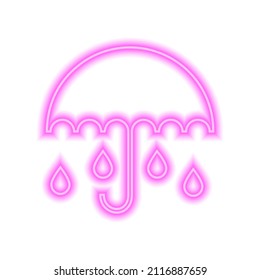 Pink neon umbrella with raindrops isolated on white. Vector illustration