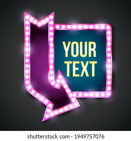 Pink neon violet colored light sign with arrow enter position and place for text