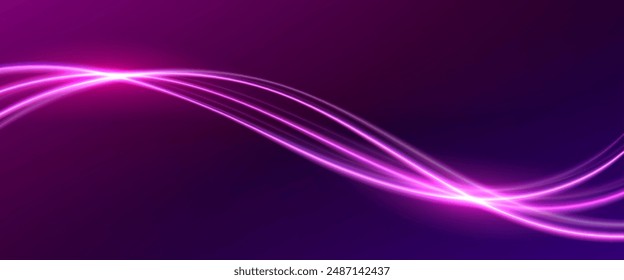 Pink neon wave line with light glow effect on dark background. Abstract vector bg with curve magic energy streak. Wavy bright sparkle laser fiber. Realistic futuristic technology dynamic shape.