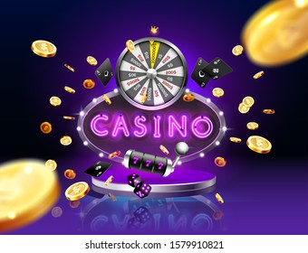 The pink neon word Casino, surrounded by a luminous frame and attributes of gambling, explosion golden coins, on the podium, on the dark background. 