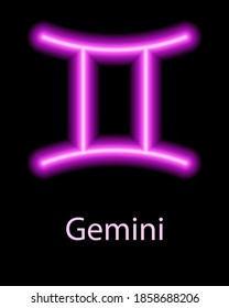 Pink neon zodiac sign Gemini with caption. Predictions, astrology, horoscope.