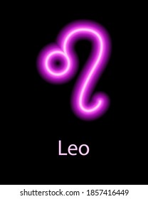 Pink neon zodiac sign Leo with caption. Predictions, astrology, horoscope.