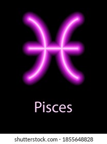 Pink neon zodiac sign Pisces with caption. Predictions, astrology, horoscope.