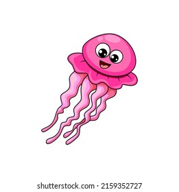 Pink Nettle Jellyfish Isolated Kids Funny Cartoon Character With Cute Face And Eyes. Vector Medusa Sea Creature, Underwater Animal, Deep Ocean Waters Sealife Personage. Swimming Marine Jelly