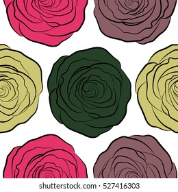 Pink, neutral and green roses isolated on a white background. Vector floral seamless pattern.