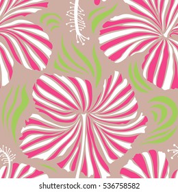 Pink and neutral hibiscus pattern. Exotic vector seamless pattern floral design. Textile print for bed linen, jacket, package design, fabric and fashion concepts. Watercolor floral seamless pattern.