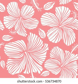 Pink and neutral hibiscus seamless pattern. Vector seamless pattern with tropical flowers in watercolor style. Vector illustration.