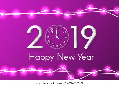 Pink New Year 2019 concept with realistic Christmas lights on sparkles background. Vector greeting card illustration with white numbers and vintage clock