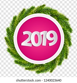 Pink New Year 2019 greeting card concept with christmas tree branches isolated on transparent background. Vector illustration
