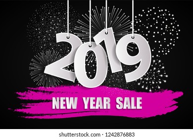 Pink New Year sale 2019 concept with fireworks on black background. Vector illustration