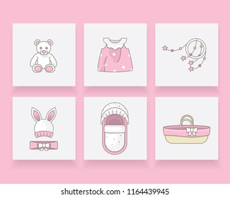 Pink newborn baby girl icon set with bear, dress, mobile toy, rabbit hat, headband, pram and Moses basket