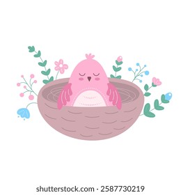 Pink newborn chick sitting in a nest. Illustration in simple flat style