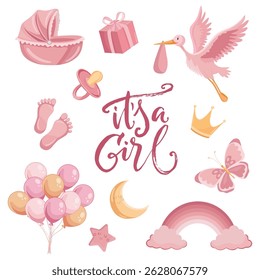 Pink newborn elements and baby accessories flat illustrations for baby shower greeting card and it's a girl celebration design
