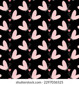 Pink night butterflies in love. Seamless pattern with cartoon elements.