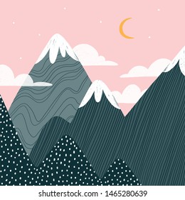 Pink night sky and grey mountains, abstract nordic landscape, vector illustration