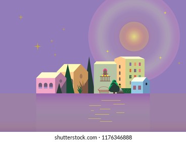 Pink night in summer town on river