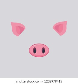 Pink nose and ears of pig isolated on grey background.