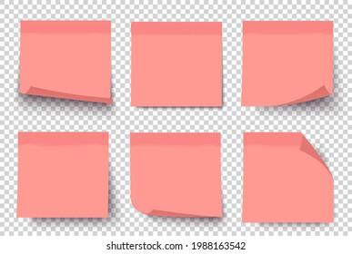 Pink note paper on transparent grey background. Sticker set on wall. Notepad. Vector realistic 3d illustration. Sticky note collection with curled corners and shadows.