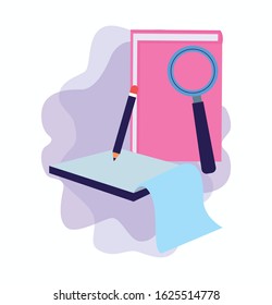 pink notebook and note with pencil and magnifying glass over white background, vector illustration