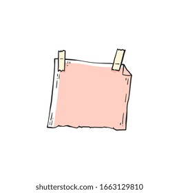 Pink notebook page glued to wall with tape vector illustration in doodle style isolated on white background. Office messages square note paper or notebook single sheet.