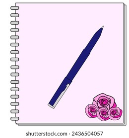 pink notebook with pen, roses cover, drawing art vector.